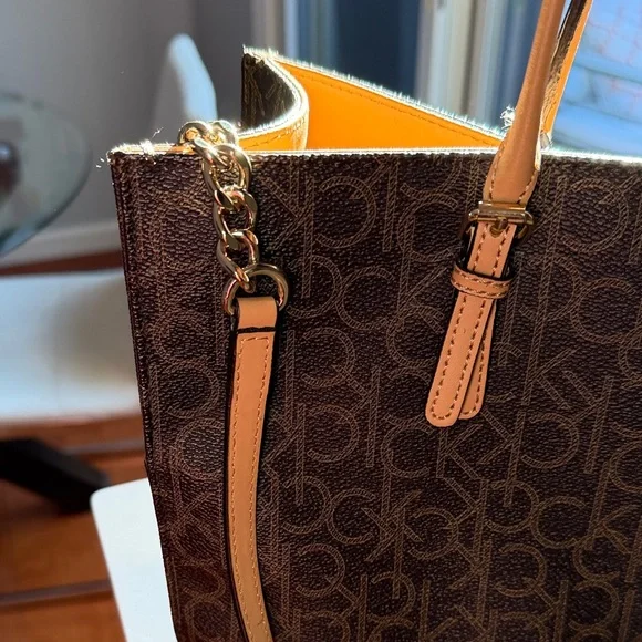 Calvin Klein Black Tote with Tan Trim and Chain Strap - Picture 2 of 4